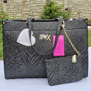 Betsey Johnson Black and Gray Tote Bag with Gold Accents